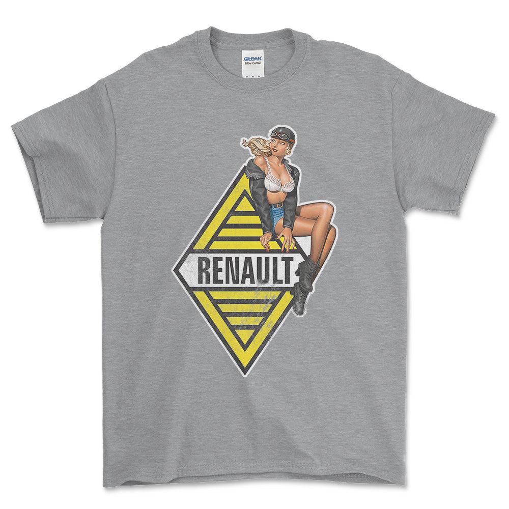 Renault Pinup - Unisex T-Shirt , Bomuld-Beklædning-Renault-Grå Sport-S-Forside-Garage Culture Shop- garage - man cave - merchandise