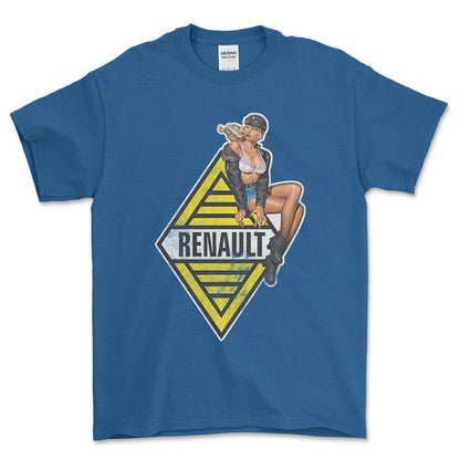 Renault Pinup - Unisex T-Shirt , Bomuld-Beklædning-Renault-Blå Royal-S-Forside-Garage Culture Shop- garage - man cave - merchandise