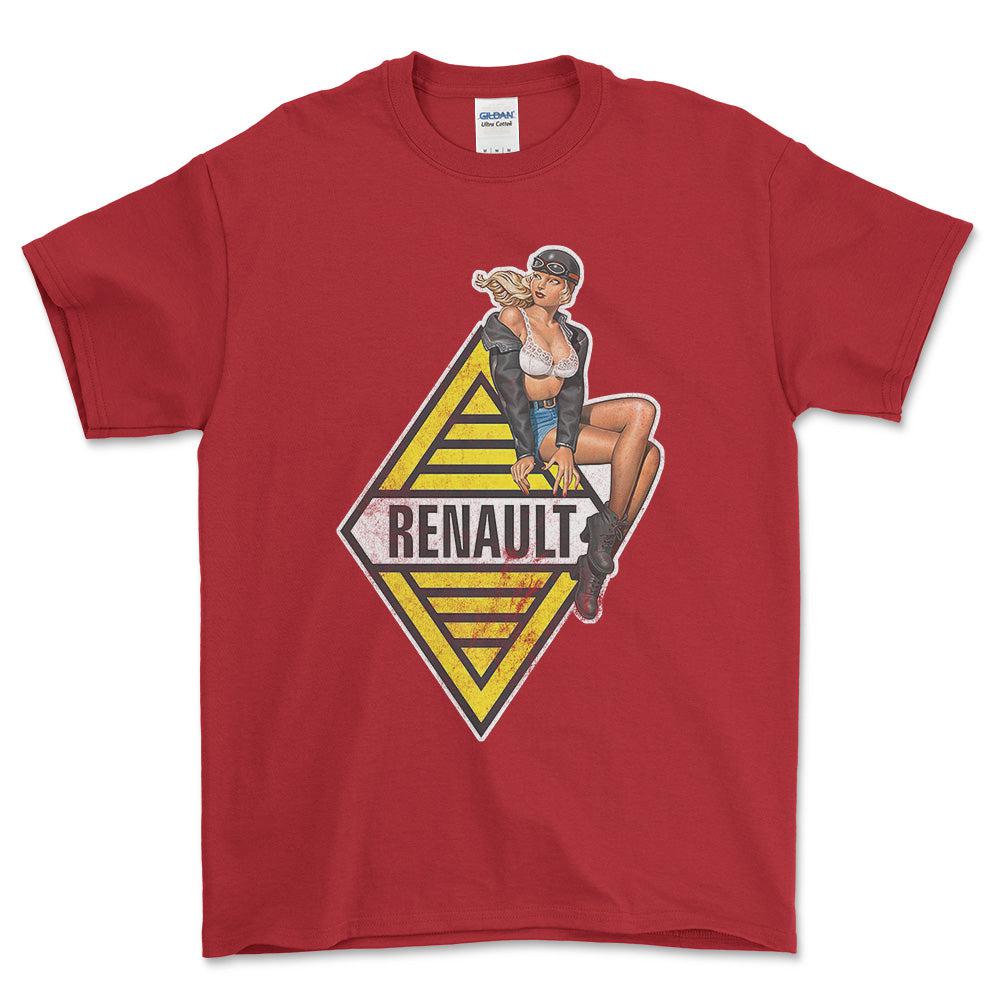 Renault Pinup - Unisex T-Shirt , Bomuld-Beklædning-Renault-Rød-S-Forside-Garage Culture Shop- garage - man cave - merchandise