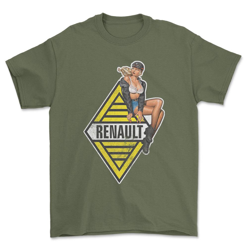 Renault Pinup - Unisex T-Shirt , Bomuld-Beklædning-Renault-Grøn Militær-S-Forside-Garage Culture Shop- garage - man cave - merchandise