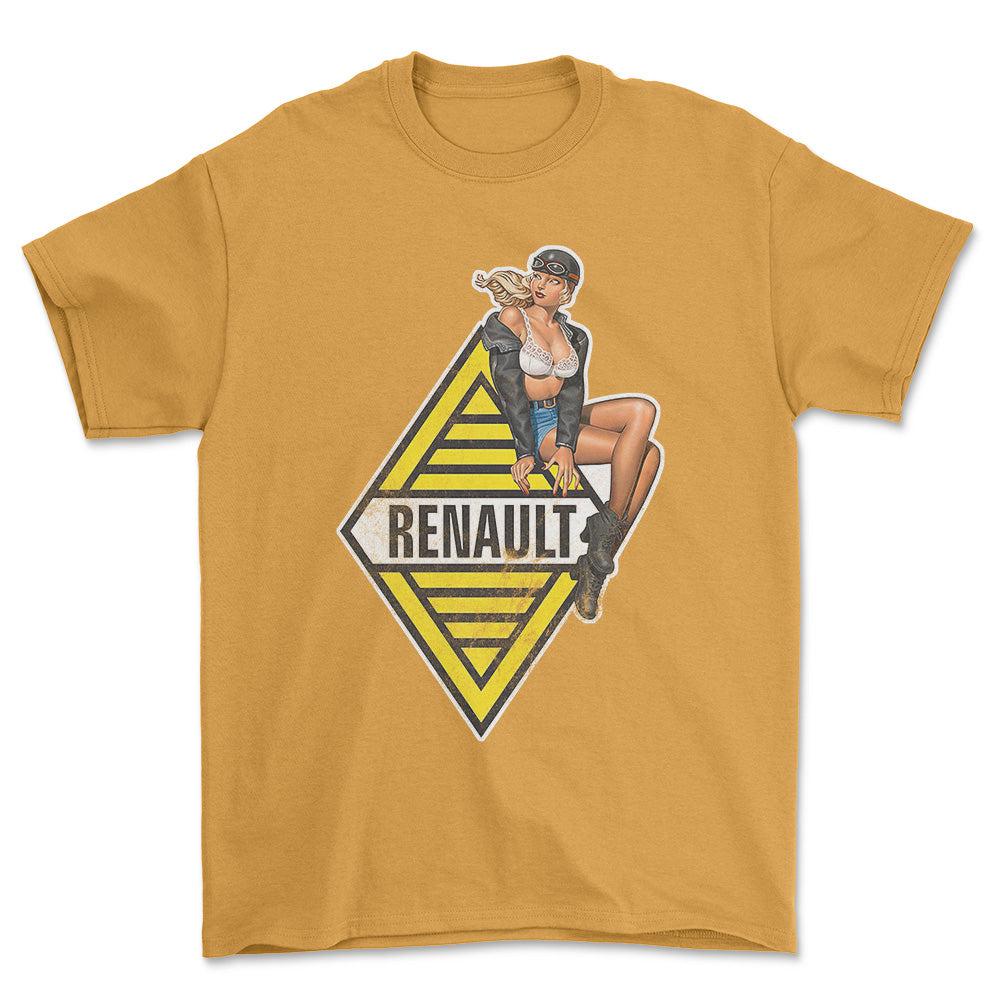 Renault Pinup - Unisex T-Shirt , Bomuld-Beklædning-Renault-Guld-S-Forside-Garage Culture Shop- garage - man cave - merchandise