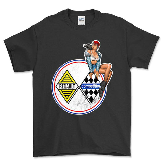 Renault Pinup - Unisex T-Shirt , Bomuld-Beklædning-Renault-Sort-S-Forside-Garage Culture Shop- garage - man cave - merchandise