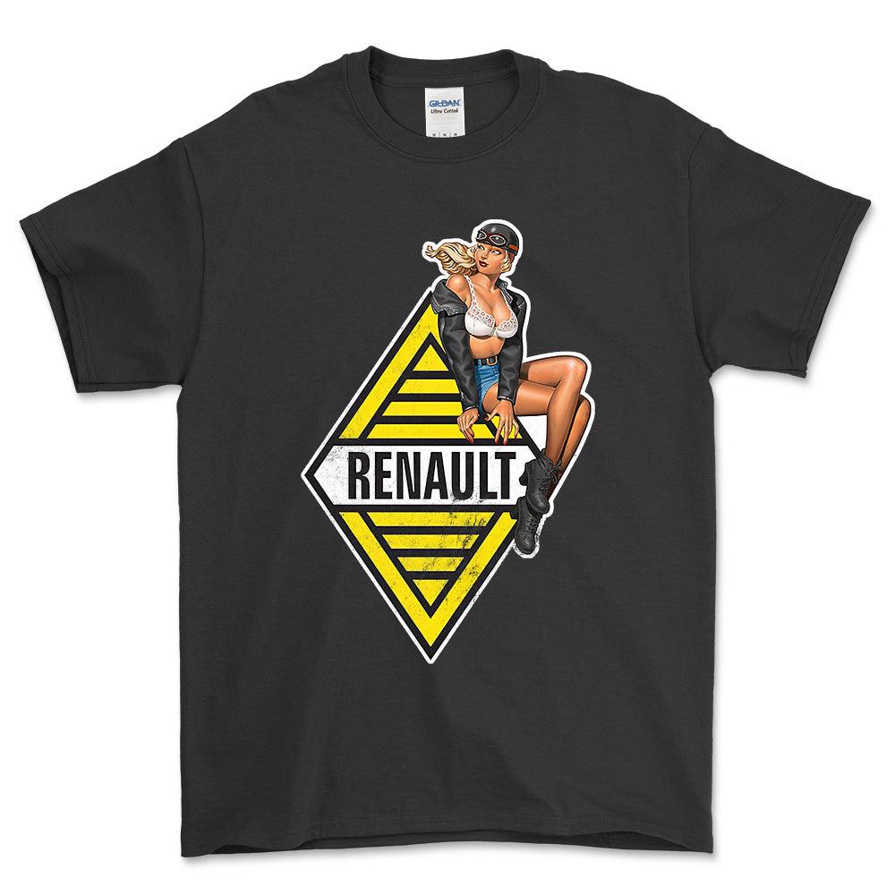 Renault Pinup - Unisex T-Shirt , Bomuld-Beklædning-Renault-Sort-S-Forside-Garage Culture Shop- garage - man cave - merchandise