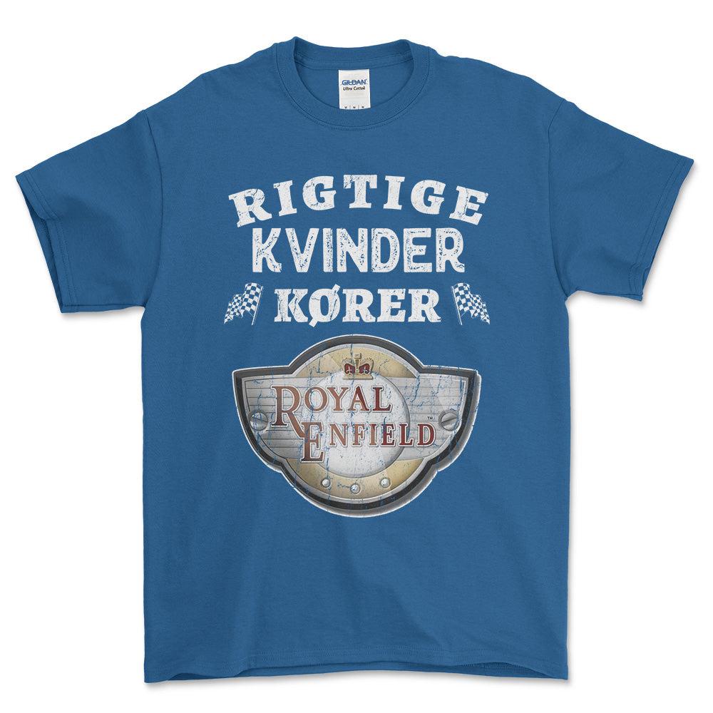 Royal Enfield Rigtige Kvinder Kører - Unisex T-Shirt , Bomuld-Beklædning-Royal Enfield-Blå Royal-S-Forside-Garage Culture Shop- garage - man cave - merchandise