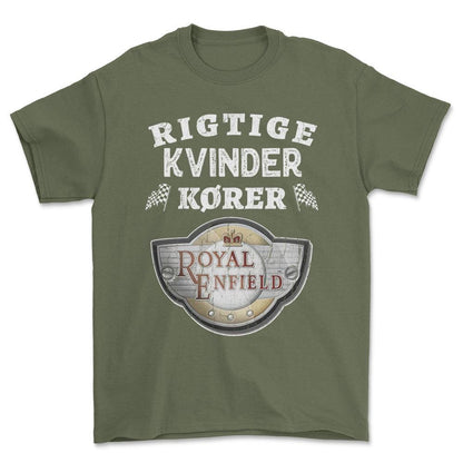 Royal Enfield Rigtige Kvinder Kører - Unisex T-Shirt , Bomuld-Beklædning-Royal Enfield-Grøn Militær-S-Forside-Garage Culture Shop- garage - man cave - merchandise