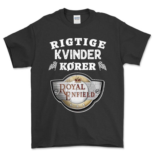 Royal Enfield Rigtige Kvinder Kører - Unisex T-Shirt , Bomuld-Beklædning-Royal Enfield-Sort-S-Forside-Garage Culture Shop- garage - man cave - merchandise