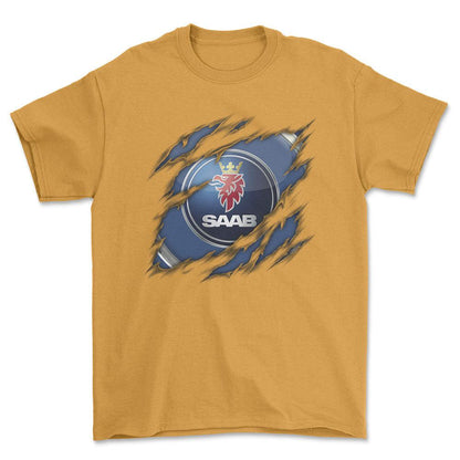 SAAB Ripped Unisex T-Shirt , Bomuld-Beklædning-Saab-Guld-S-Forside-Garage Culture Shop- garage - man cave - merchandise