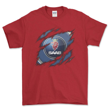 SAAB Ripped Unisex T-Shirt , Bomuld-Beklædning-Saab-Rød-S-Forside-Garage Culture Shop- garage - man cave - merchandise