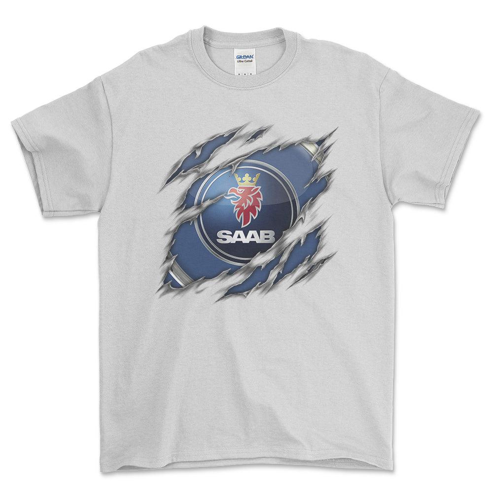 SAAB Ripped Unisex T-Shirt , Bomuld-Beklædning-Saab-Hvid-S-Forside-Garage Culture Shop- garage - man cave - merchandise