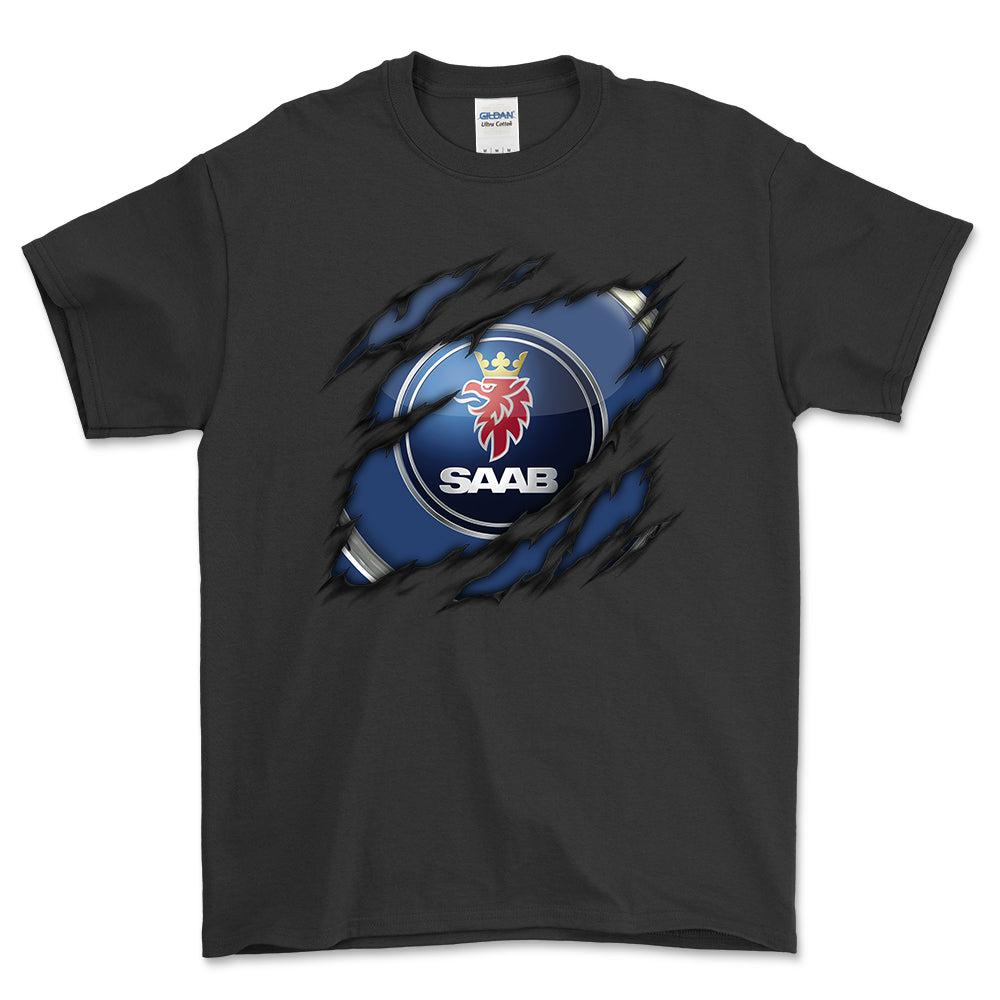 SAAB Ripped Unisex T-Shirt , Bomuld-Beklædning-Saab-Sort-S-Forside-Garage Culture Shop- garage - man cave - merchandise