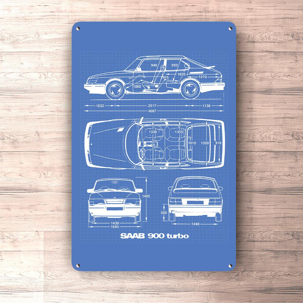 Saab 900 Turbo Blueprint Skilte, Musemåtte, Dækkeserviet, Dørmåtte-Blueprint-Saab-Garage Culture Shop- garage - man cave - merchandise