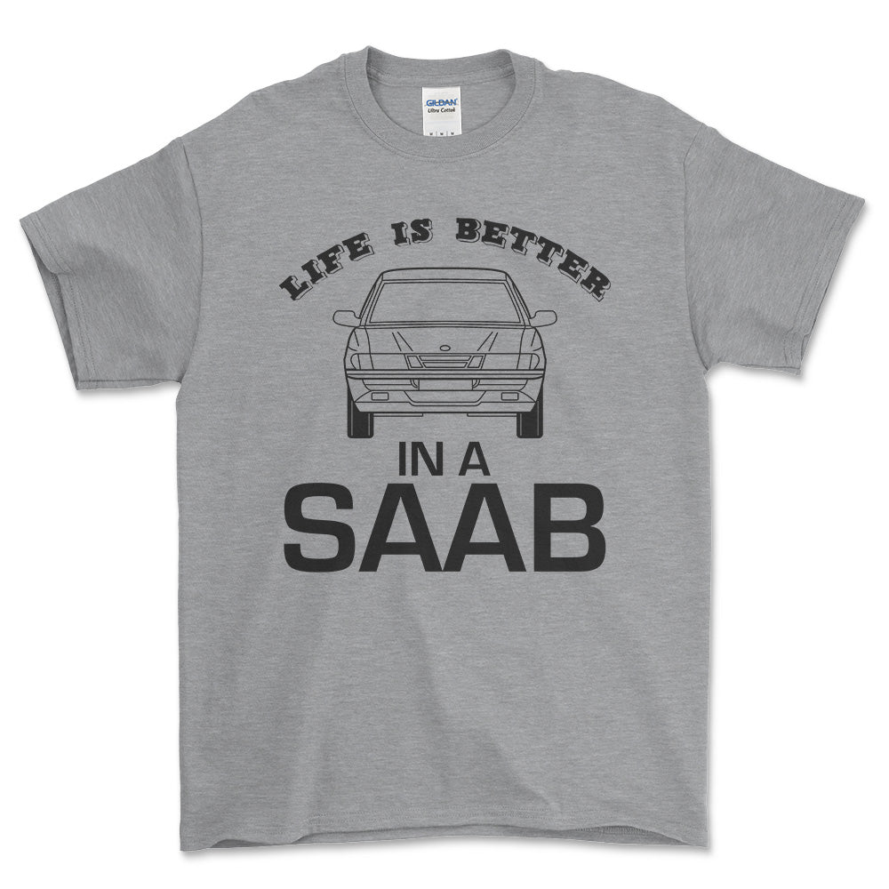 Saab Life Is Better In A Saab Unisex T-Shirt , Bomuld-Beklædning-Saab-Grå Sport-S-Forside-Garage Culture Shop- garage - man cave - merchandise