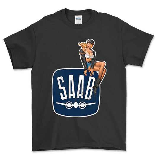 Saab Pinup - Unisex T-Shirt , Bomuld-Beklædning-Saab-Sort-S-Forside-Garage Culture Shop- garage - man cave - merchandise