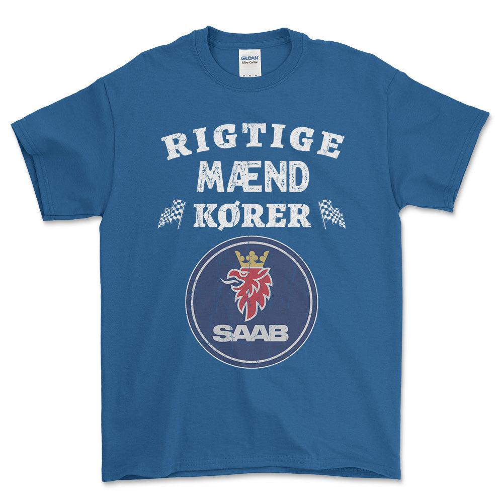 Saab Rigtige Mænd Kører - Unisex T-Shirt , Bomuld-Beklædning-Saab-Blå Royal-S-Forside-Garage Culture Shop- garage - man cave - merchandise