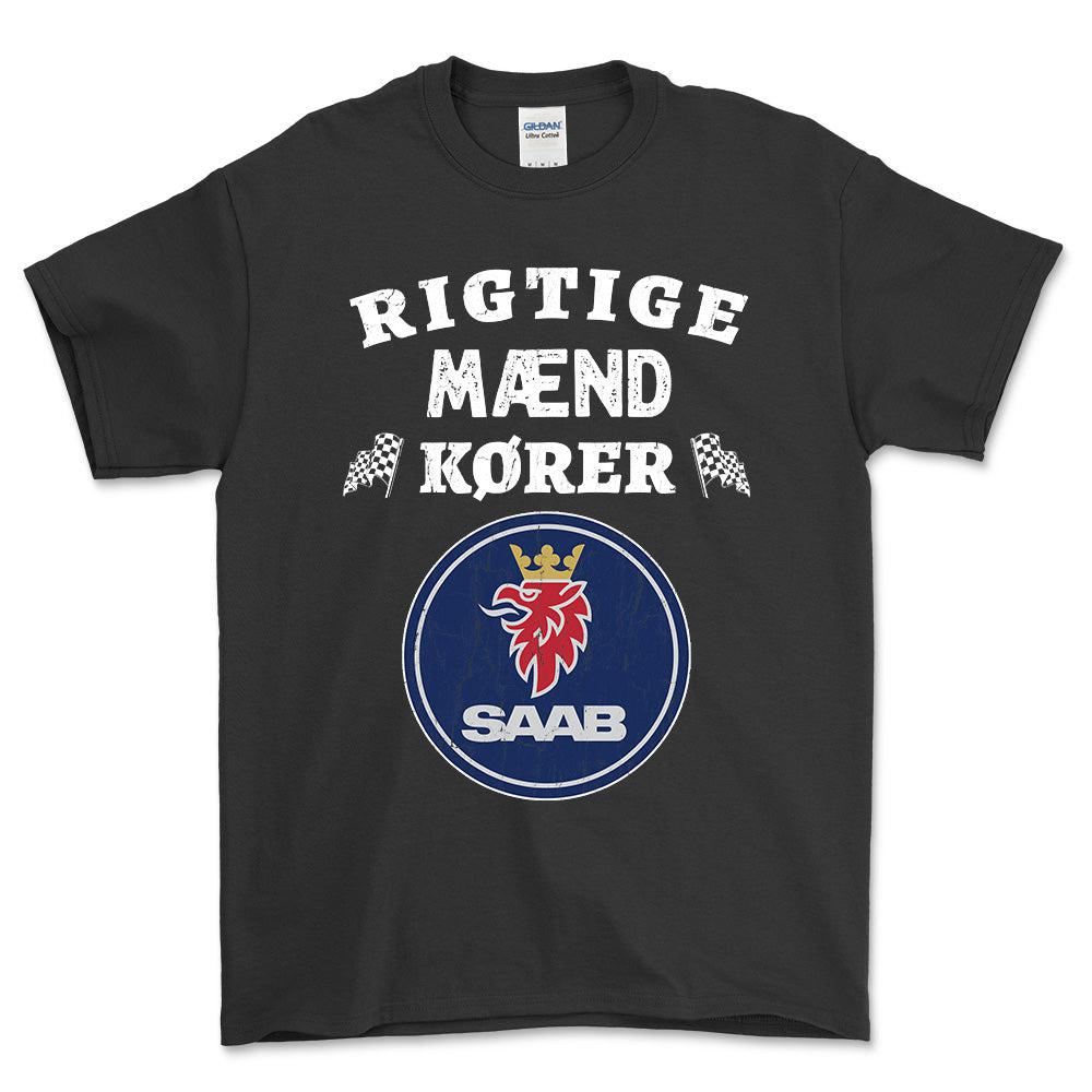 Saab Rigtige Mænd Kører - Unisex T-Shirt , Bomuld-Beklædning-Saab-Sort-S-Forside-Garage Culture Shop- garage - man cave - merchandise