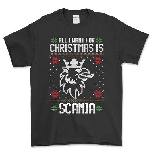 Scania - All I Want For Christmas - Unisex T-Shirt , Bomuld-Beklædning-Scania-Sort-S-Forside-Garage Culture Shop- garage - man cave - merchandise