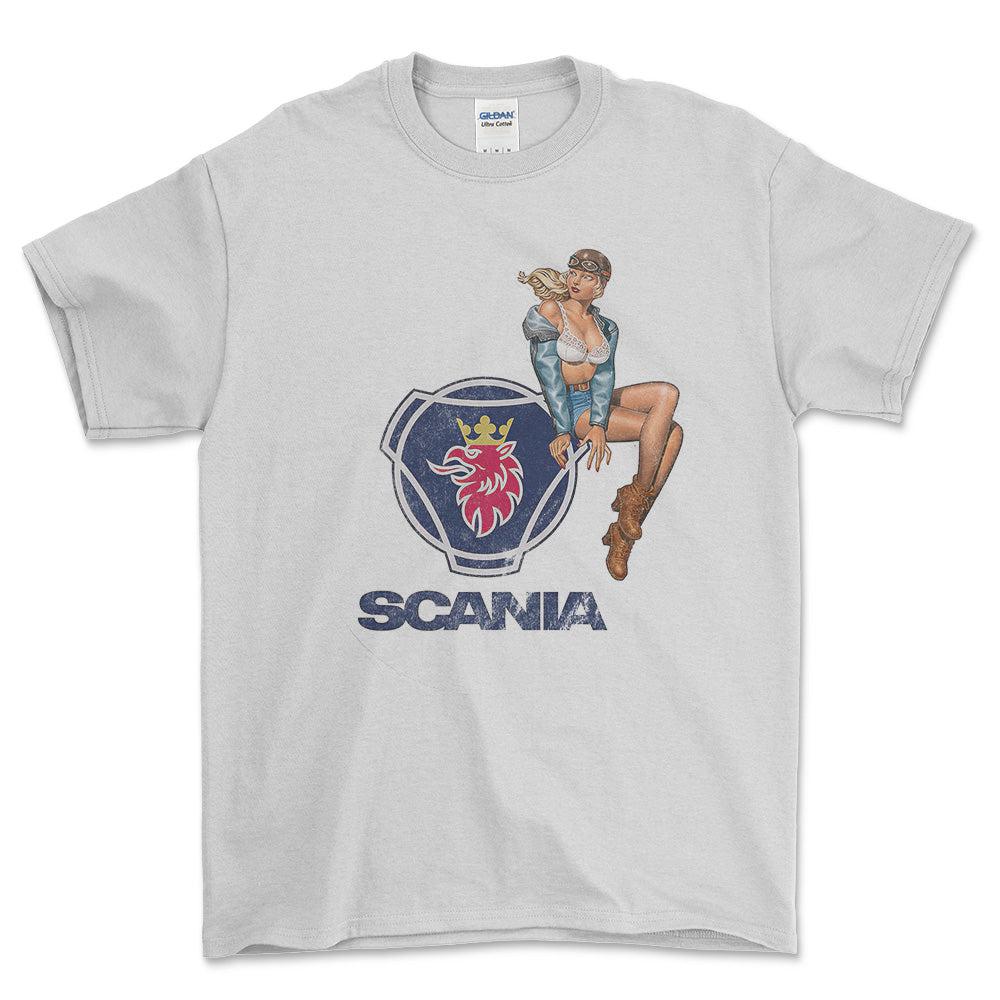 Scania Pinup - Unisex T-Shirt , Bomuld-Beklædning-Scania-Hvid-S-Forside-Garage Culture Shop- garage - man cave - merchandise