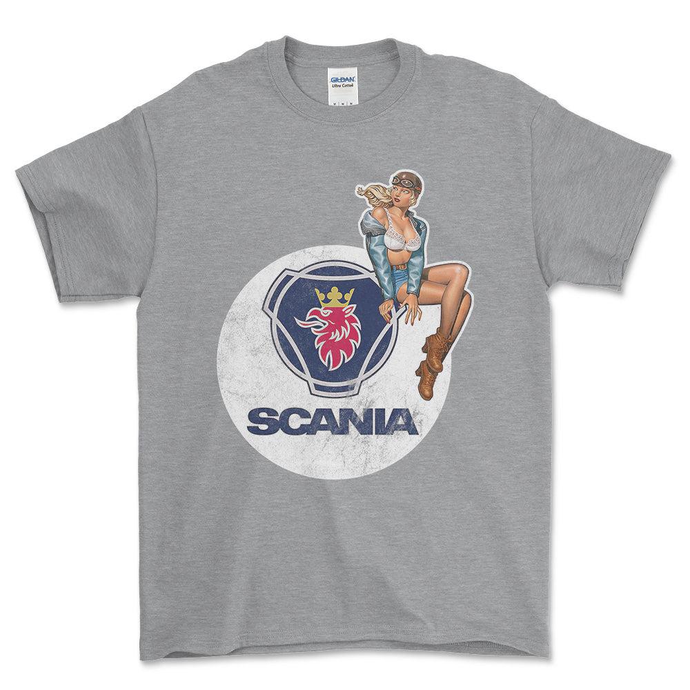 Scania Pinup - Unisex T-Shirt , Bomuld-Beklædning-Scania-Grå Sport-S-Forside-Garage Culture Shop- garage - man cave - merchandise