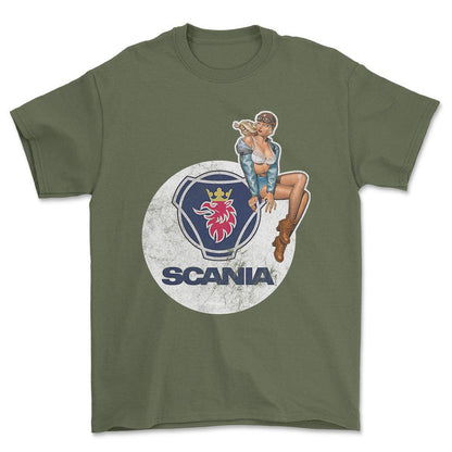 Scania Pinup - Unisex T-Shirt , Bomuld-Beklædning-Scania-Grøn Militær-S-Forside-Garage Culture Shop- garage - man cave - merchandise