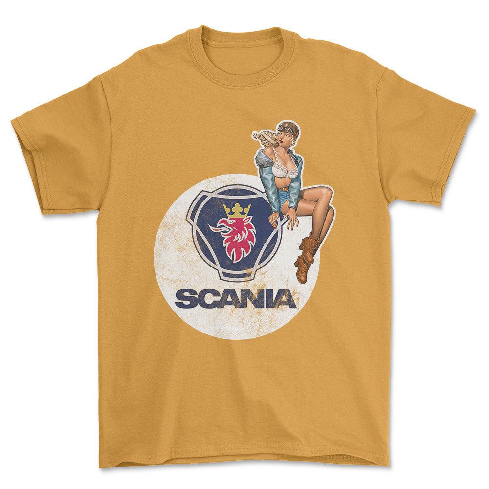 Scania Pinup - Unisex T-Shirt , Bomuld-Beklædning-Scania-Guld-S-Forside-Garage Culture Shop- garage - man cave - merchandise