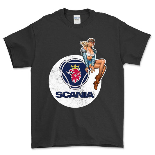 Scania Pinup - Unisex T-Shirt , Bomuld-Beklædning-Scania-Sort-S-Forside-Garage Culture Shop- garage - man cave - merchandise