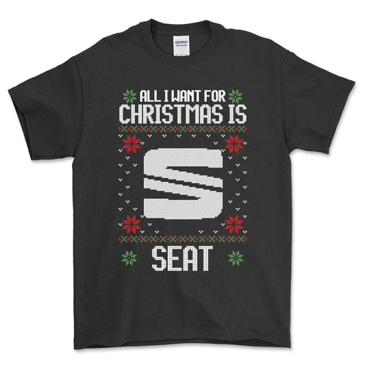 Seat - All I Want For Christmas - Unisex T-Shirt , Bomuld-Beklædning-Seat-Sort-S-Forside-Garage Culture Shop- garage - man cave - merchandise