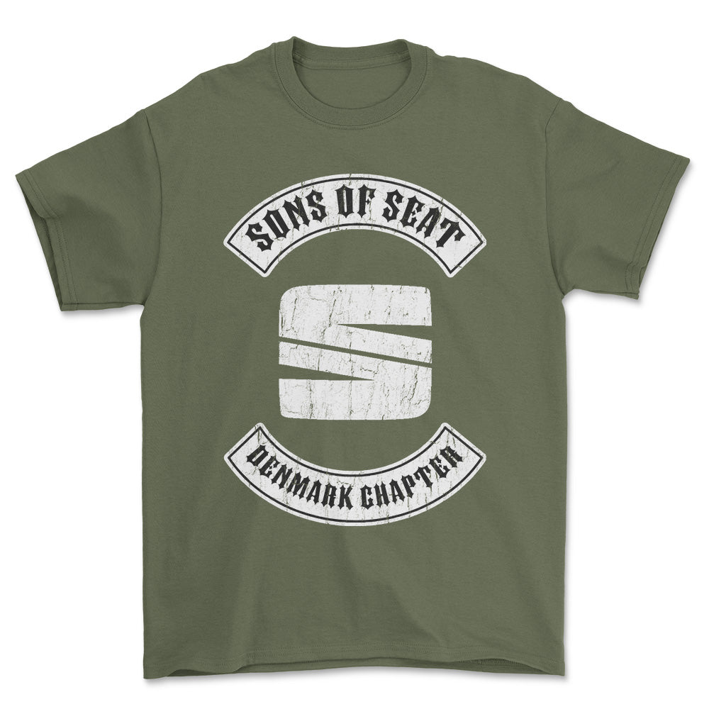 Seat Sons Of Seat Denmark Chapter Unisex T-Shirt , Bomuld-Beklædning-Seat-Grøn Militær-S-Forside-Garage Culture Shop- garage - man cave - merchandise