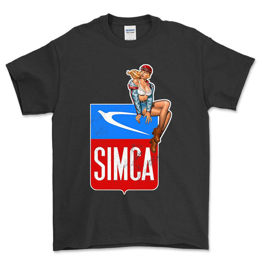 Simca Pinup - Unisex T-Shirt , Bomuld-Beklædning-Simca-Sort-S-Forside-Garage Culture Shop- garage - man cave - merchandise