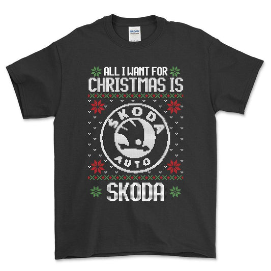 Skoda - All I Want For Christmas - Unisex T-Shirt , Bomuld-Beklædning-Skoda-Sort-S-Forside-Garage Culture Shop- garage - man cave - merchandise