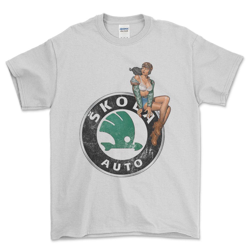 Skoda Pinup - Unisex T-Shirt , Bomuld-Beklædning-Skoda-Hvid-S-Forside-Garage Culture Shop- garage - man cave - merchandise