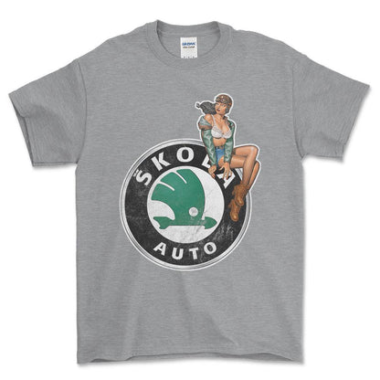 Skoda Pinup - Unisex T-Shirt , Bomuld-Beklædning-Skoda-Grå Sport-S-Forside-Garage Culture Shop- garage - man cave - merchandise