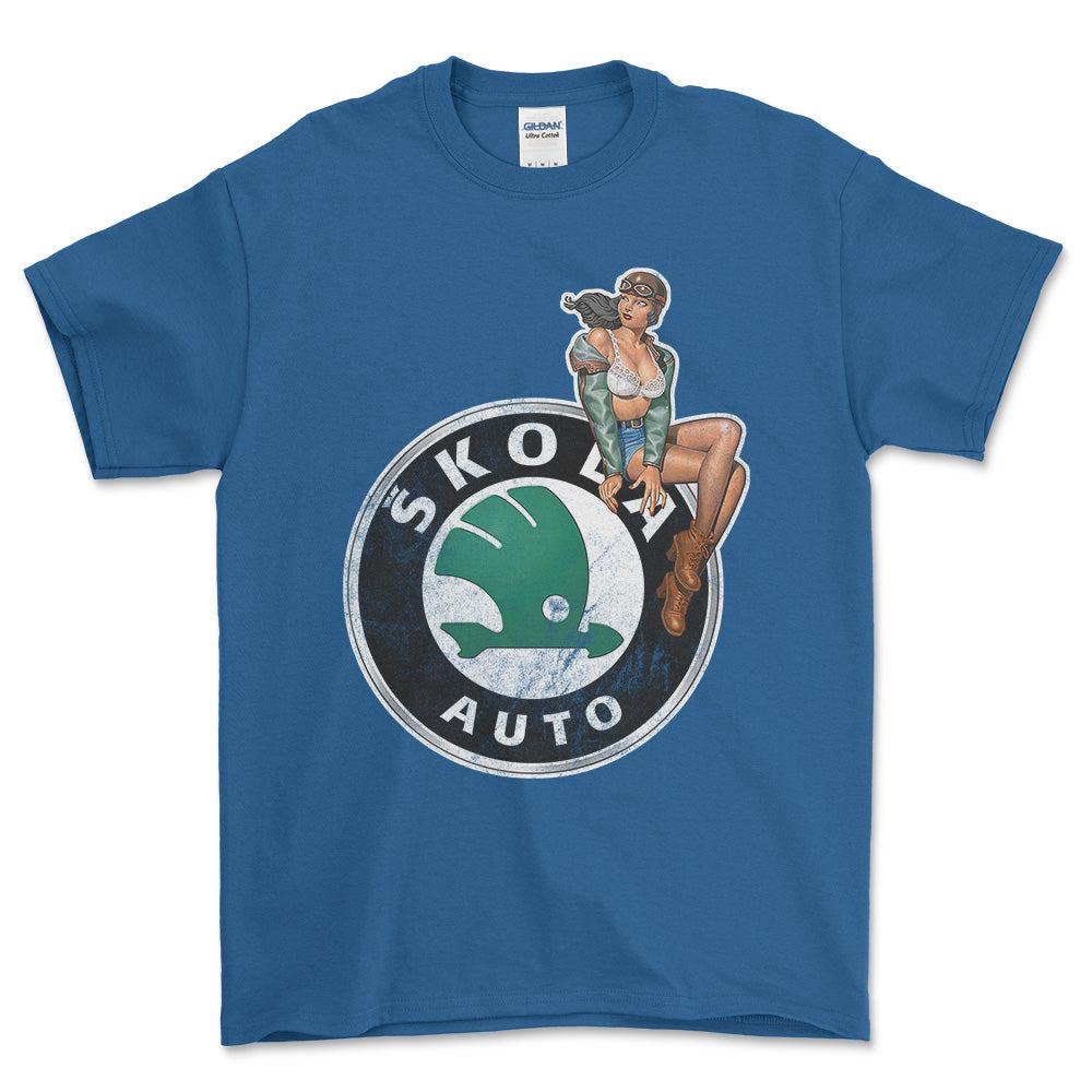 Skoda Pinup - Unisex T-Shirt , Bomuld-Beklædning-Skoda-Blå Royal-S-Forside-Garage Culture Shop- garage - man cave - merchandise