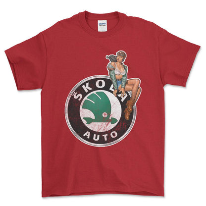 Skoda Pinup - Unisex T-Shirt , Bomuld-Beklædning-Skoda-Rød-S-Forside-Garage Culture Shop- garage - man cave - merchandise