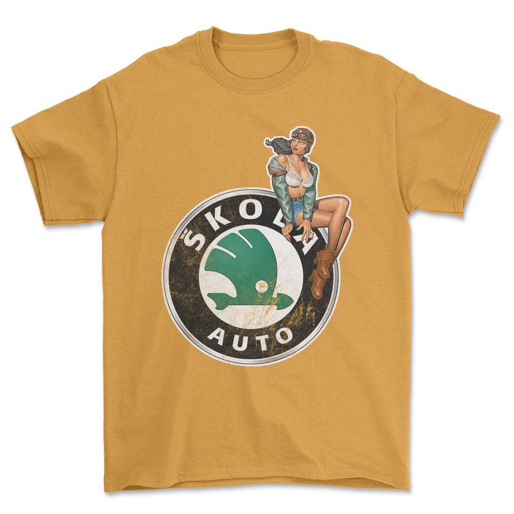 Skoda Pinup - Unisex T-Shirt , Bomuld-Beklædning-Skoda-Guld-S-Forside-Garage Culture Shop- garage - man cave - merchandise