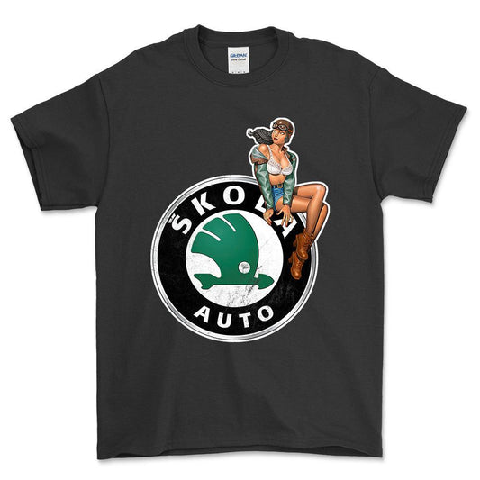 Skoda Pinup - Unisex T-Shirt , Bomuld-Beklædning-Skoda-Sort-S-Forside-Garage Culture Shop- garage - man cave - merchandise