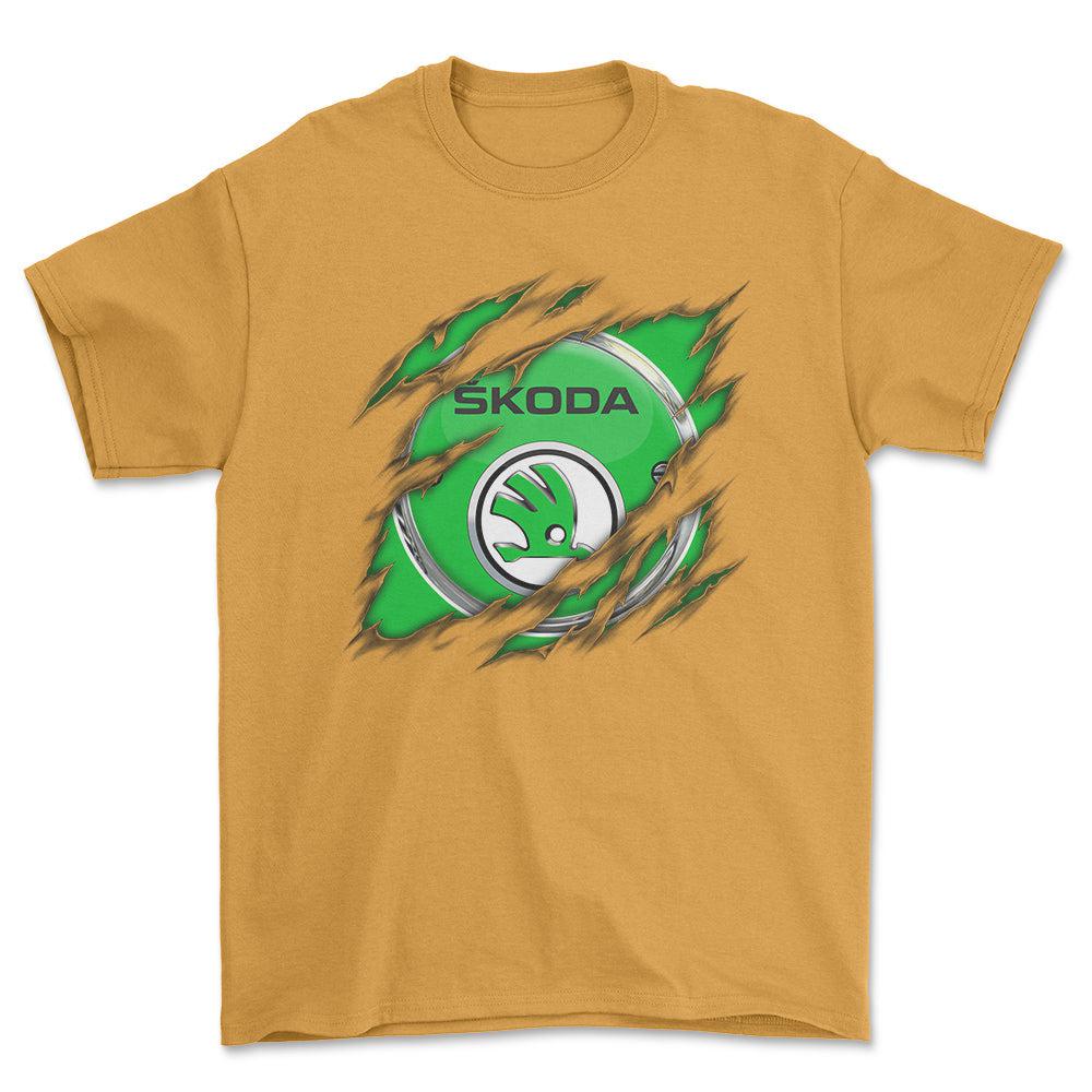 Skoda Ripped Unisex T-Shirt , Bomuld-Beklædning-Skoda-Guld-S-Forside-Garage Culture Shop- garage - man cave - merchandise