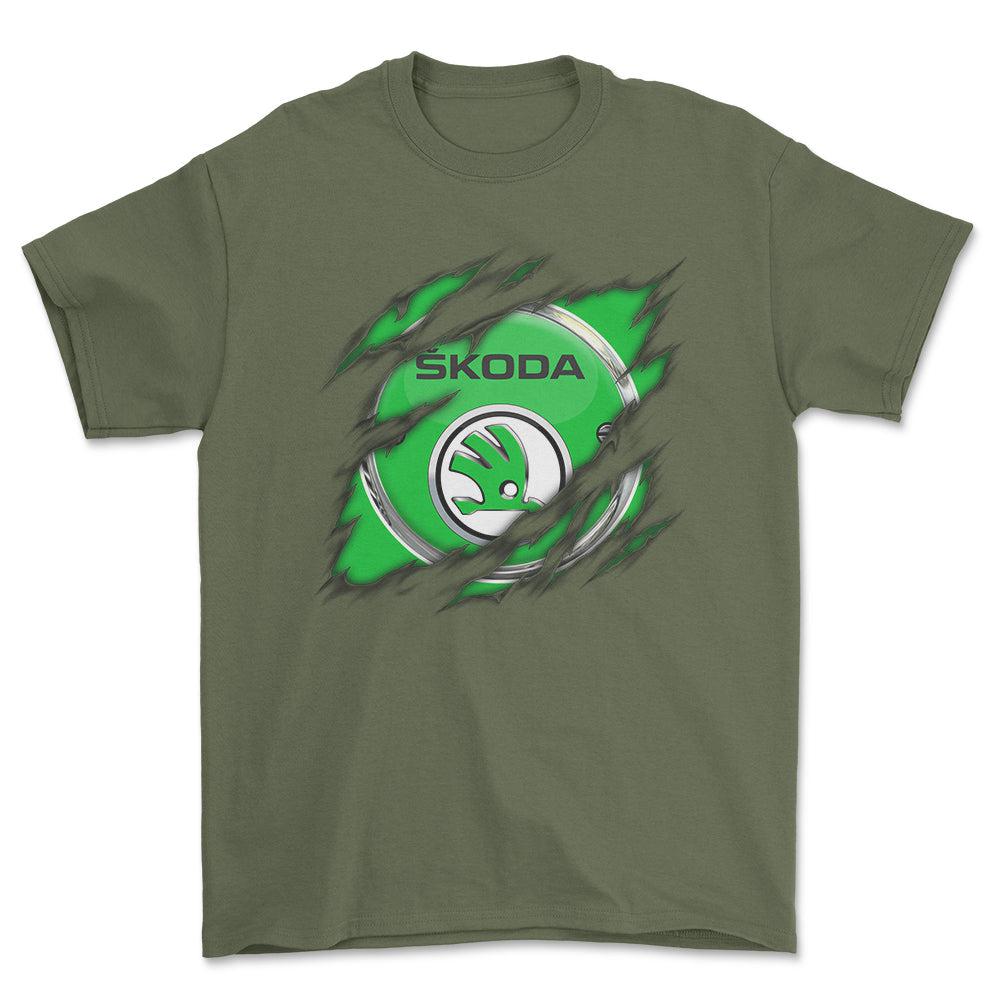 Skoda Ripped Unisex T-Shirt , Bomuld-Beklædning-Skoda-Grøn Militær-S-Forside-Garage Culture Shop- garage - man cave - merchandise