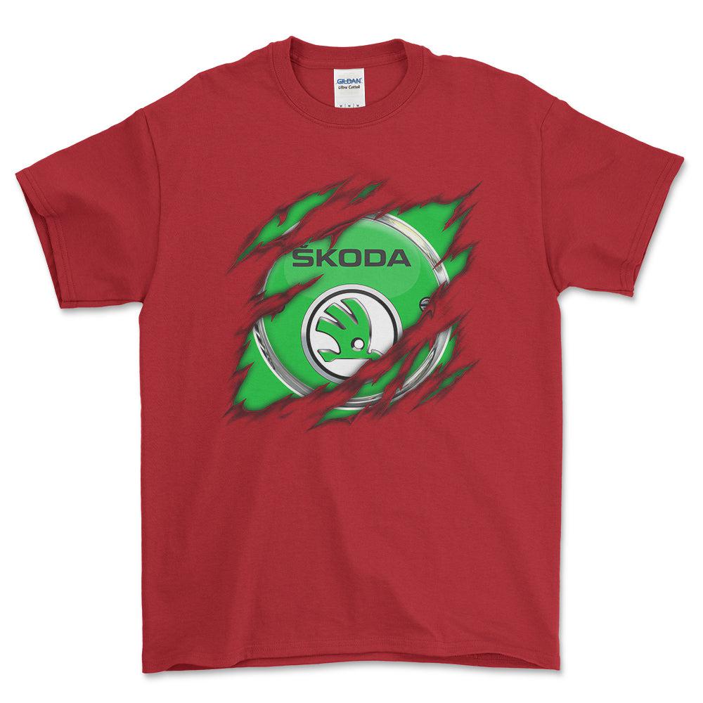 Skoda Ripped Unisex T-Shirt , Bomuld-Beklædning-Skoda-Rød-S-Forside-Garage Culture Shop- garage - man cave - merchandise