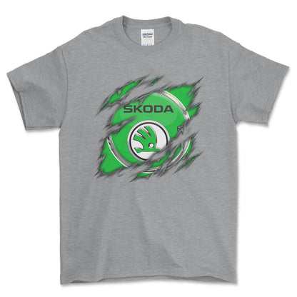 Skoda Ripped Unisex T-Shirt , Bomuld-Beklædning-Skoda-Grå Sport-S-Forside-Garage Culture Shop- garage - man cave - merchandise