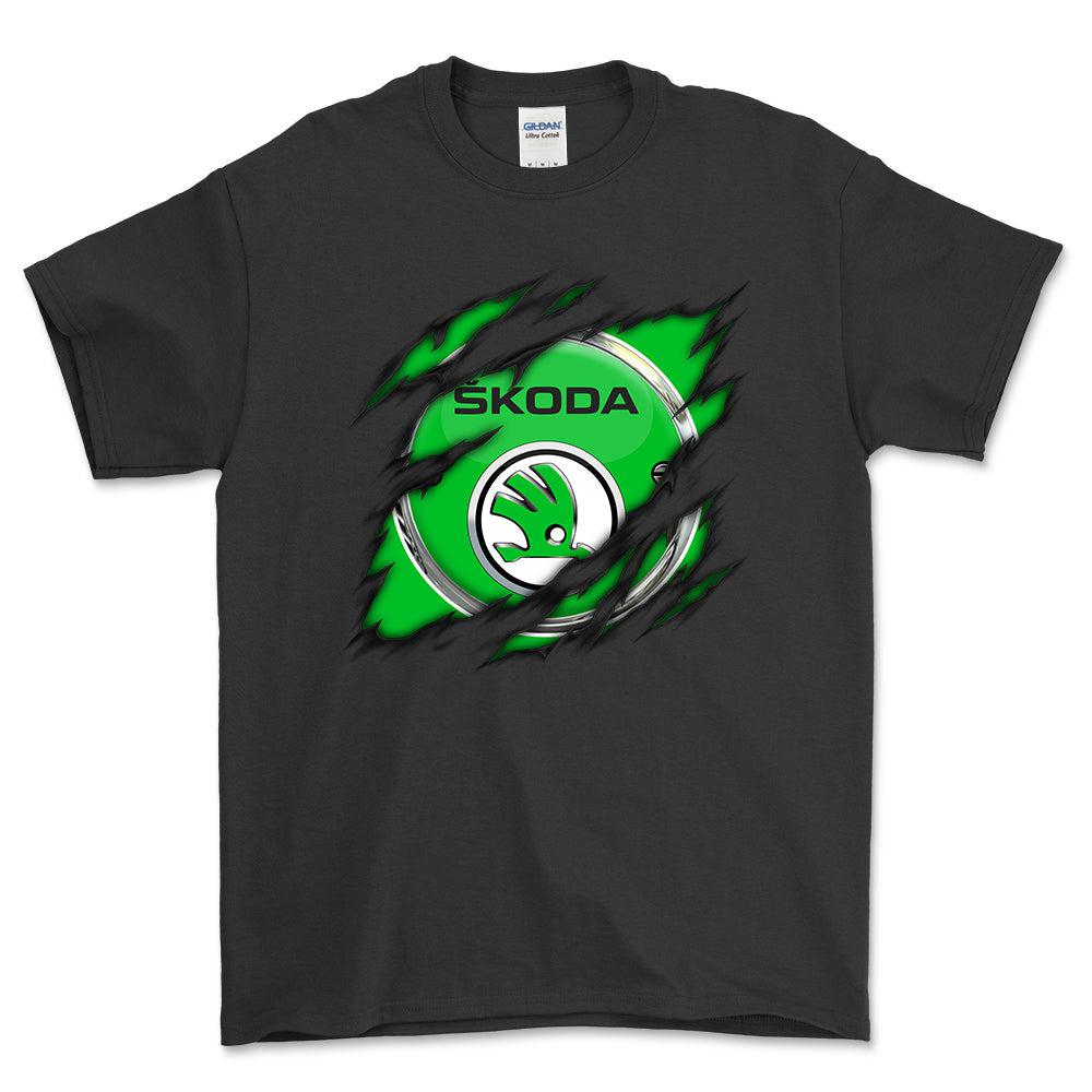 Skoda Ripped Unisex T-Shirt , Bomuld-Beklædning-Skoda-Sort-S-Forside-Garage Culture Shop- garage - man cave - merchandise