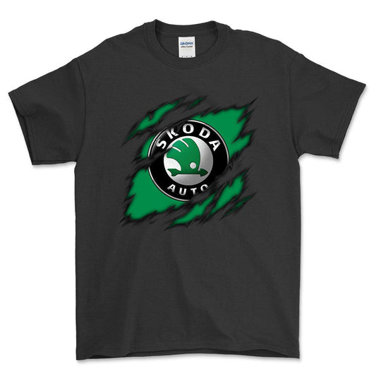 Skoda Ripped Unisex T-Shirt , Bomuld-Beklædning-Skoda-Sort-S-Forside-Garage Culture Shop- garage - man cave - merchandise