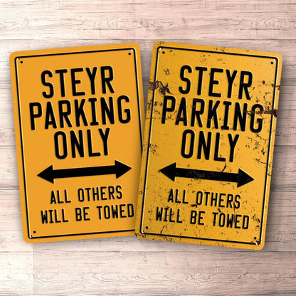 Steyr Parking Only Skilte, Musemåtte, Dækkeserviet, Dørmåtte-Parking skilte-Steyr-Garage Culture Shop- garage - man cave - merchandise