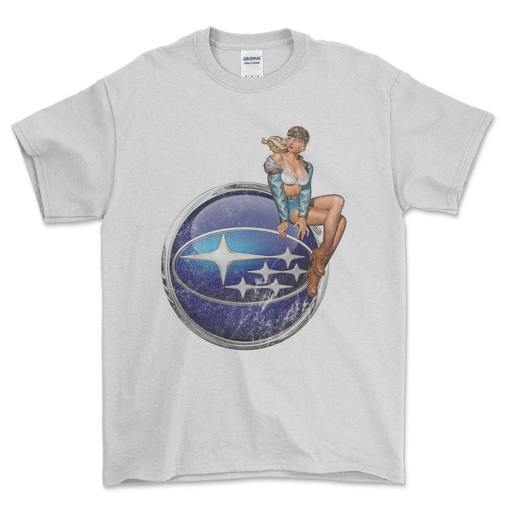 Subaru Pinup - Unisex T-Shirt , Bomuld-Beklædning-Subaru-Hvid-S-Forside-Garage Culture Shop- garage - man cave - merchandise