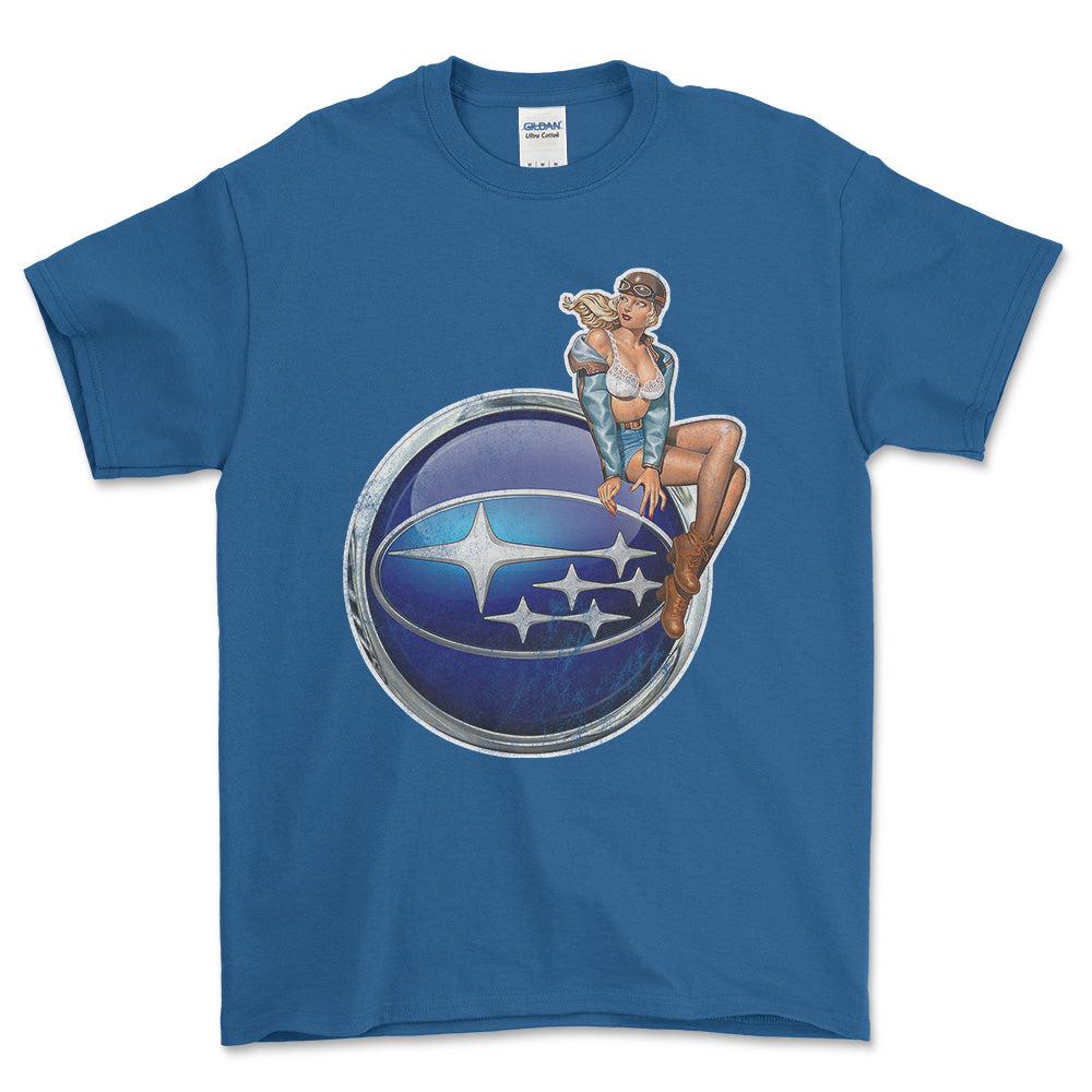 Subaru Pinup - Unisex T-Shirt , Bomuld-Beklædning-Subaru-Blå Royal-S-Forside-Garage Culture Shop- garage - man cave - merchandise