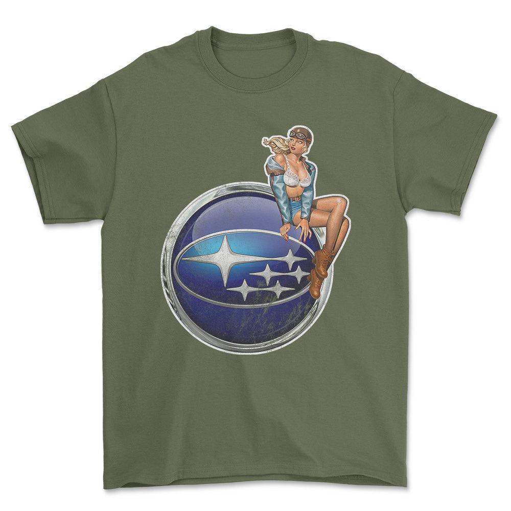 Subaru Pinup - Unisex T-Shirt , Bomuld-Beklædning-Subaru-Grøn Militær-S-Forside-Garage Culture Shop- garage - man cave - merchandise