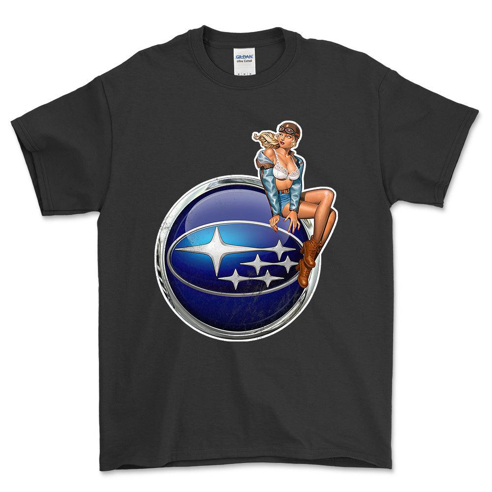 Subaru Pinup - Unisex T-Shirt , Bomuld-Beklædning-Subaru-Sort-S-Forside-Garage Culture Shop- garage - man cave - merchandise