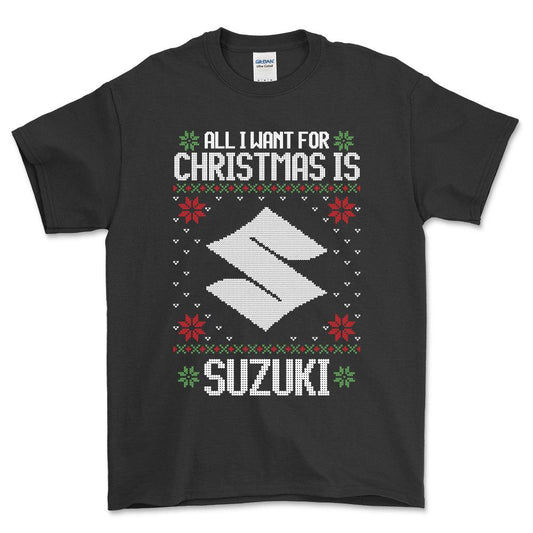 Suzuki - All I Want For Christmas - Unisex T-Shirt , Bomuld-Beklædning-Suzuki-Sort-S-Forside-Garage Culture Shop- garage - man cave - merchandise