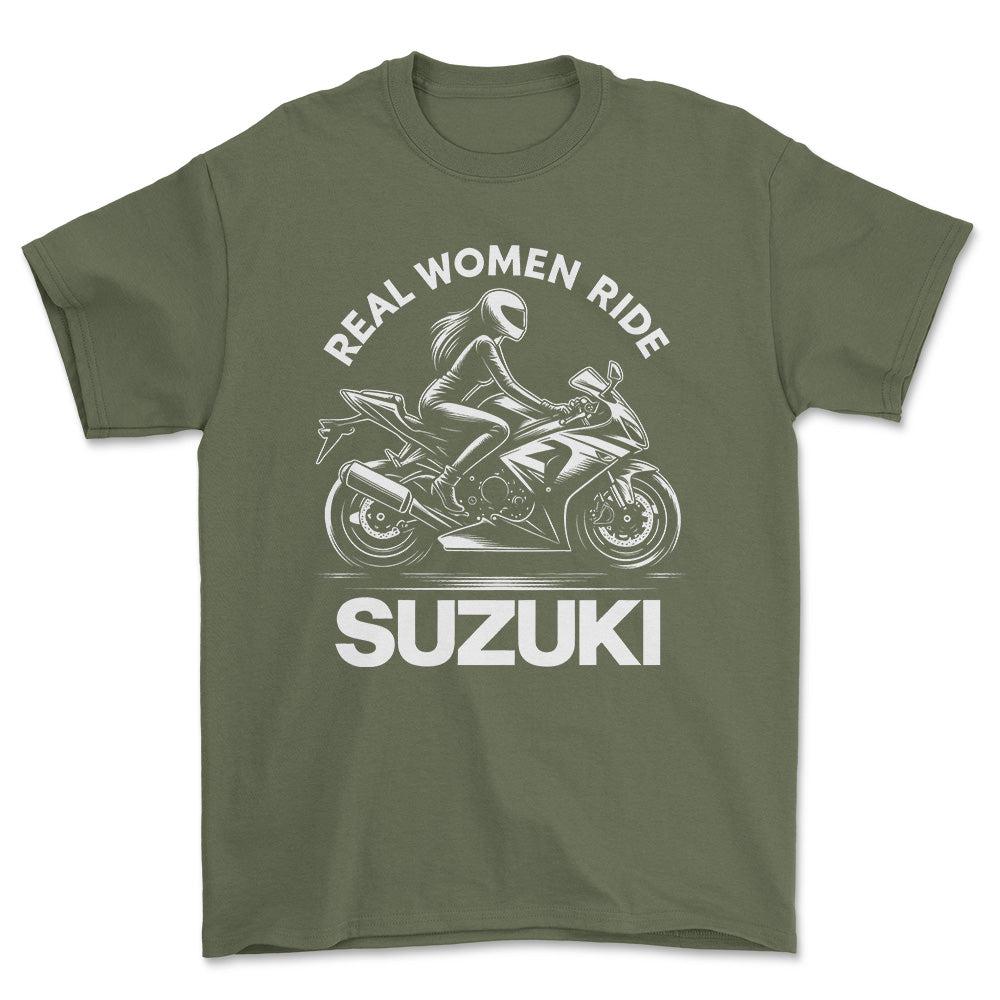 Suzuki Real Women Ride Suzuki - Unisex T-Shirt , Bomuld-Beklædning-Suzuki-Grøn Militær-S-Forside-Garage Culture Shop- garage - man cave - merchandise