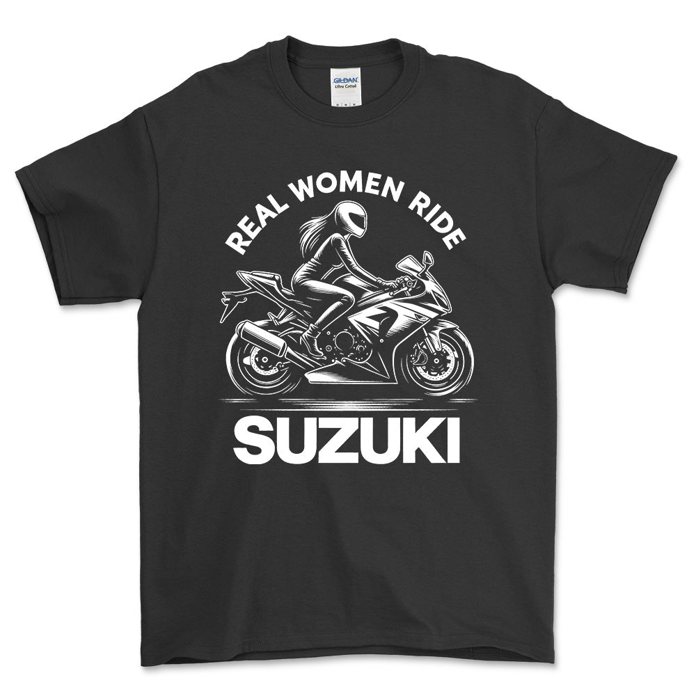 Suzuki Real Women Ride Suzuki - Unisex T-Shirt , Bomuld-Beklædning-Suzuki-Sort-S-Forside-Garage Culture Shop- garage - man cave - merchandise