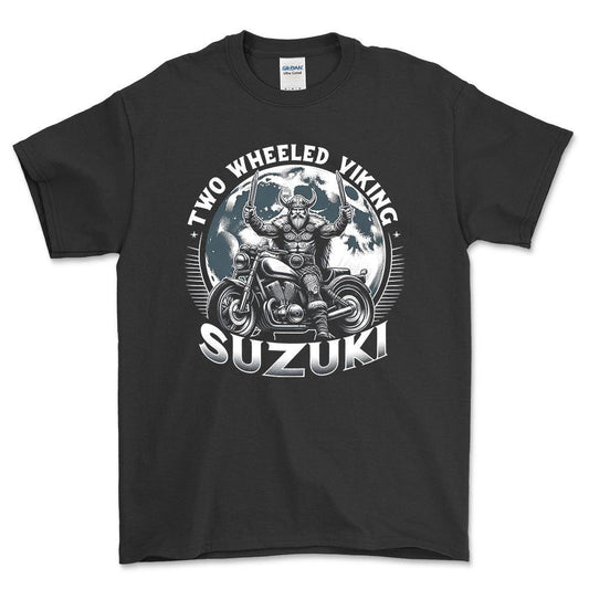 Suzuki Two Wheeled Viking Rides Suzuki - Unisex T-Shirt , Bomuld-Beklædning-Suzuki-Sort-S-Forside-Garage Culture Shop- garage - man cave - merchandise